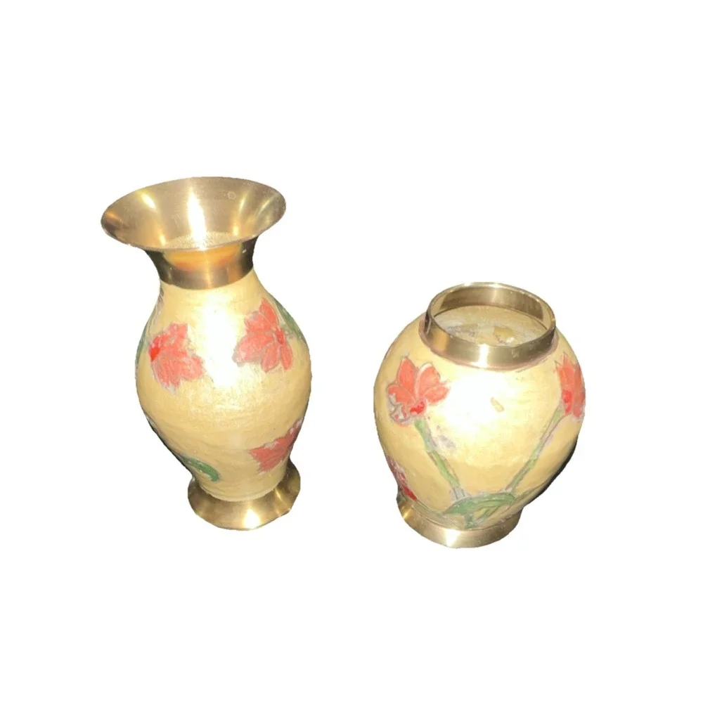 10/Vintage Solid Brass Hand Floral Painted Enamels Flower Vase 2 pieces 5''